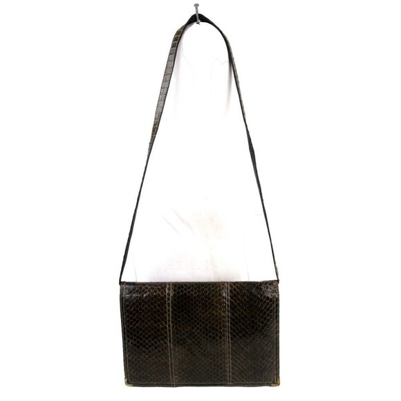 VTG BROWN SNAKE SKIN BLACK REAL LEATHER LINED SHOULDER BAG X-BODY CLUTCH PURSE - Picture 2 of 16